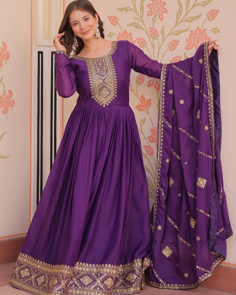 Purple Color Star Georgette Embroidered Gown