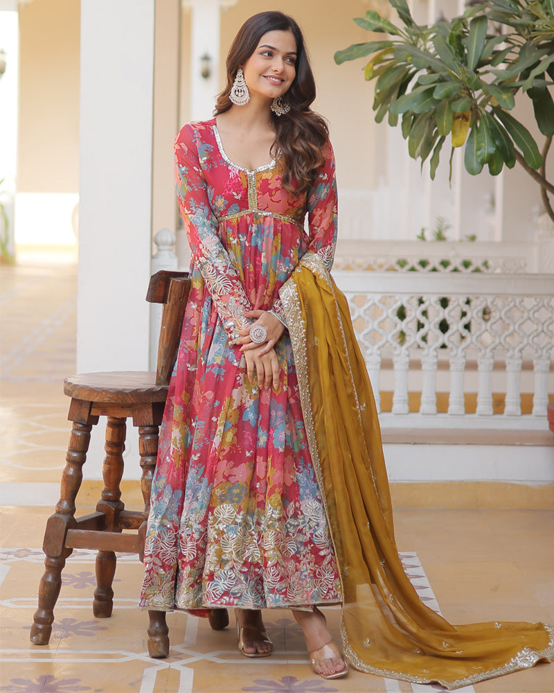 Wedding Wear Floral Embroidered Red Color Alia Cut Gown With Dupatta