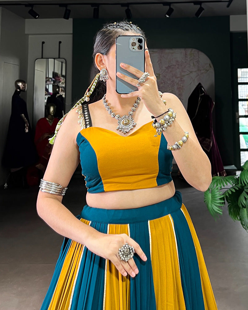 Mustard Color Pure Rayon Navratri Lehenga With Black Choli