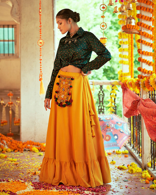 Green And Mustard Yellow Color Cotton Printed Fully Stitched Navratri Lehenga Choli
