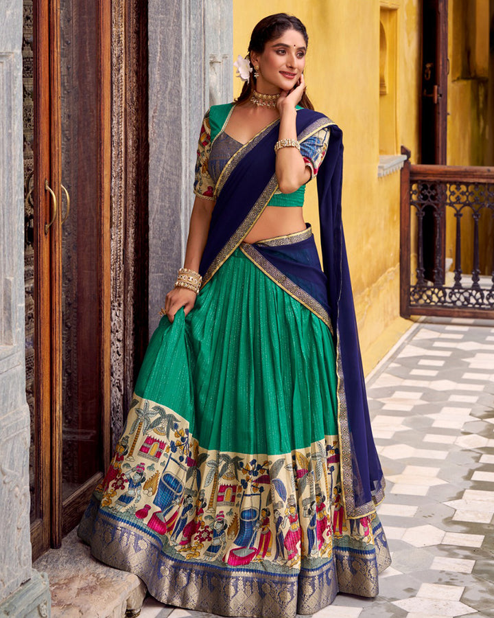 Bottle Green Color Poly Chanderi Printed Half Saree
