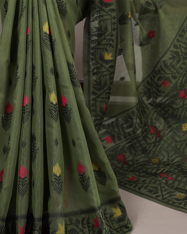 Mehndi Color Thread Weaving Poly Cotton Saree