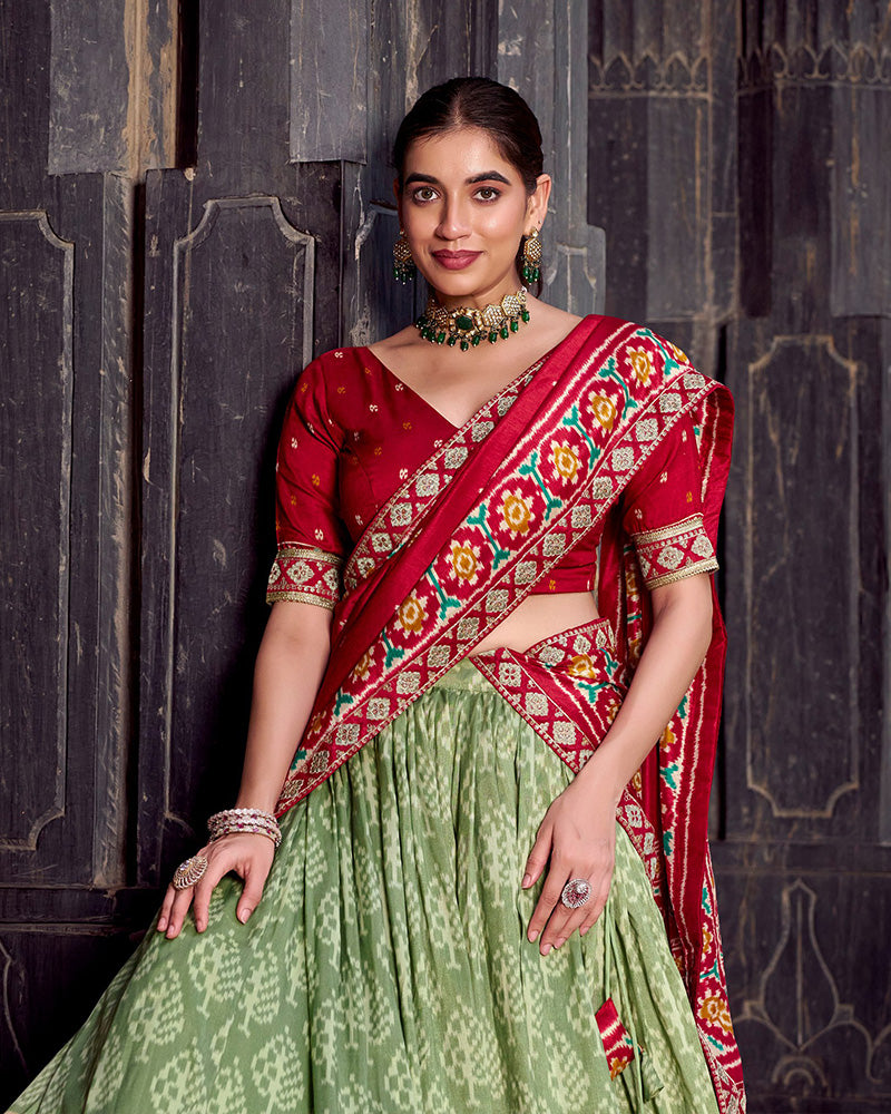 Green And Red Ikkat Printed Tasar Silk Lehenga Choli