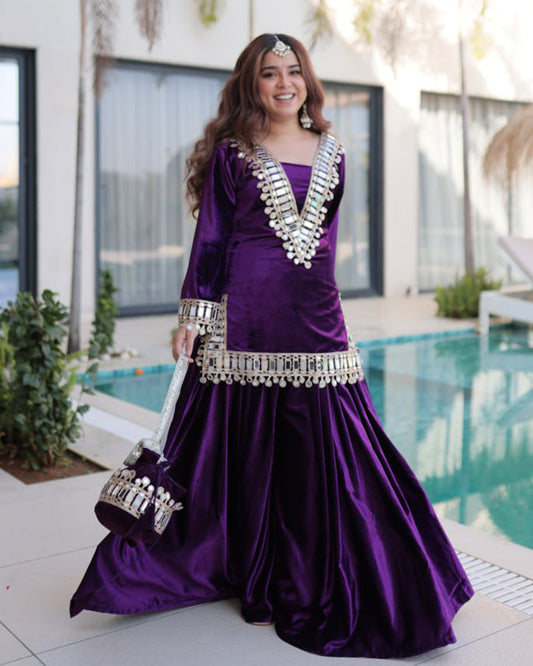 Deep Violet Color Ice Velvet Embroidered Plazzo Suit