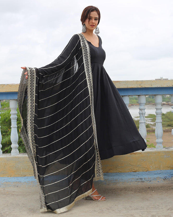 Black Color Georgette Anarkali With Embroidered Dupatta