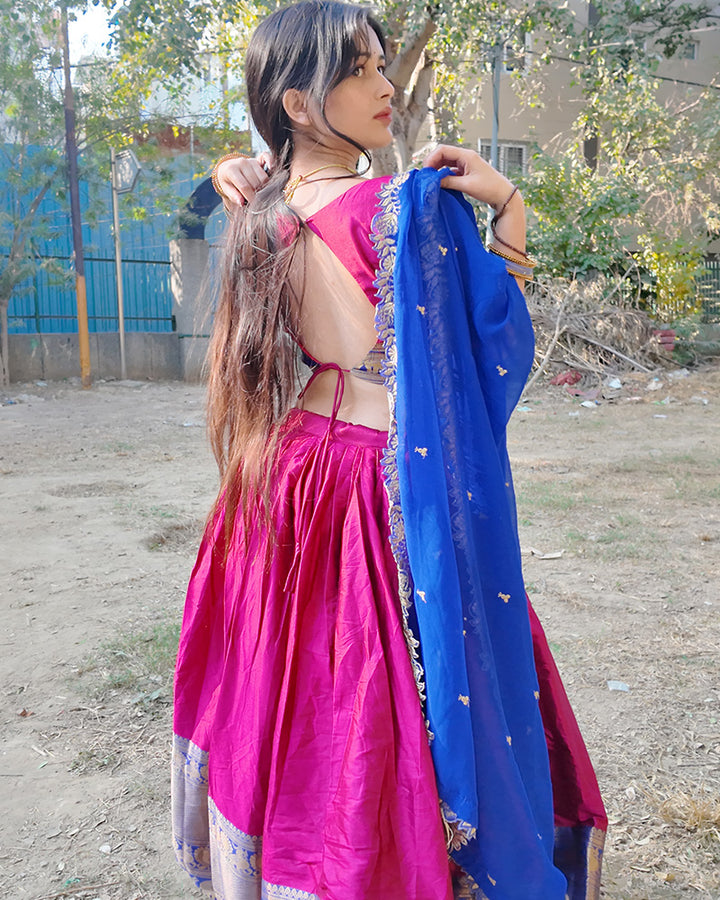 Khushi Maheshwari In Pink Color Narayan Pattu Silk Designer Half Saree