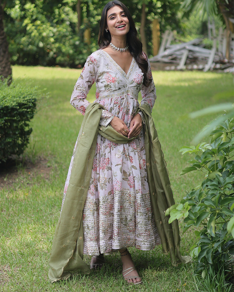 Wedding Wear Floral Embroidered Off White Color Alia Cut Gown With Dupatta