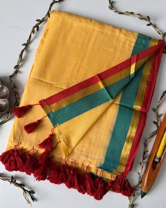 Traditional Yellow Color Pure Mal Cotton Saree