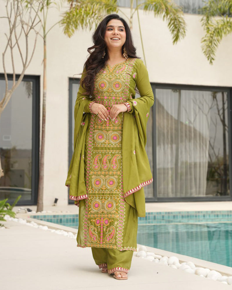 Parrot Color Chinon Embroidered Kurti Suit