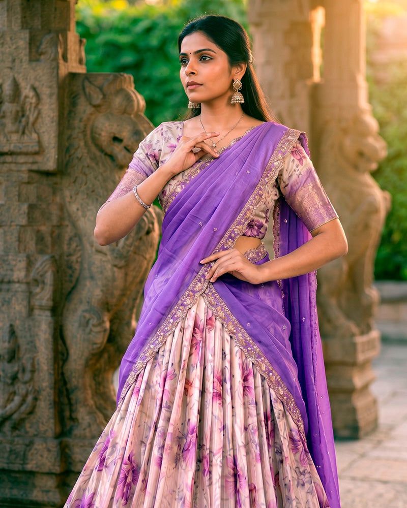 Purple Color Dola Chex Floral Printed Half Saree