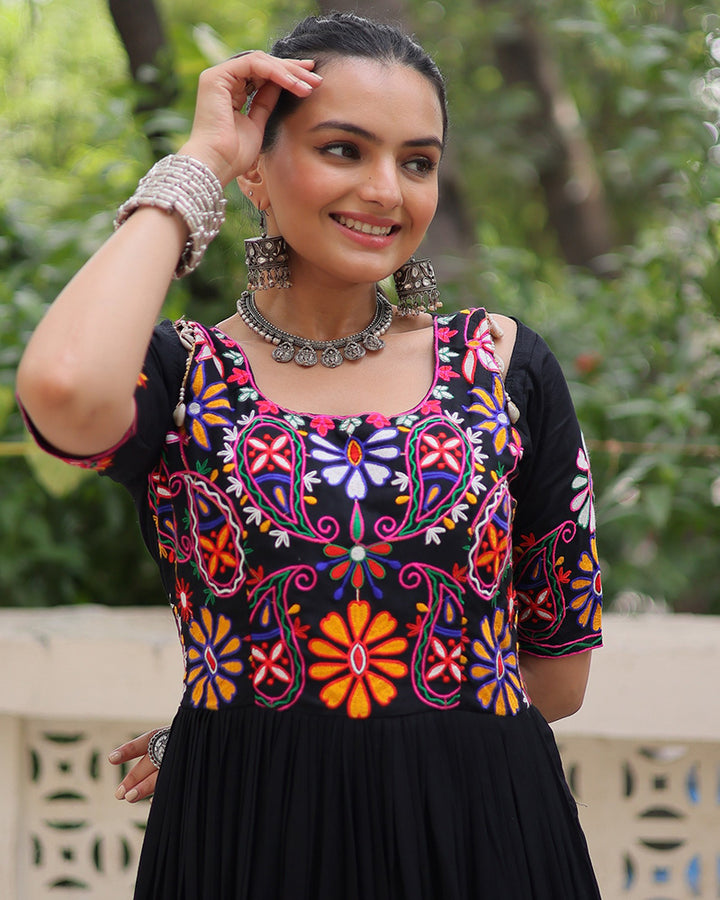 Black Color Rayon Kutchi Gamthi Style Navratri Gown