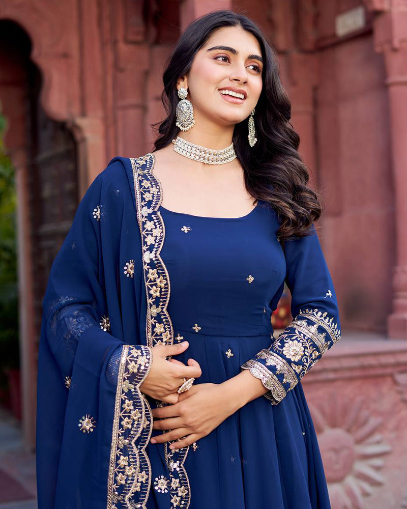 Ethnic Blue Color Georgette Sequence Embroidered Gown