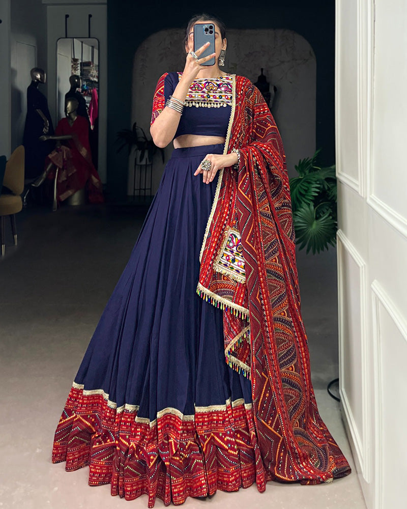 Navy Blue Color Pure Rayon Bandhej Print Navratri Lehenga Choli