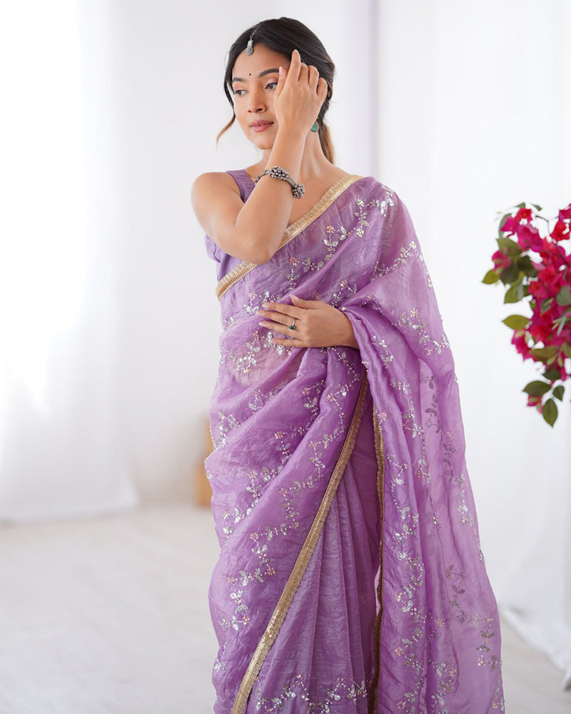 Lavender Color Smooth Gold Crush Embroidered Saree