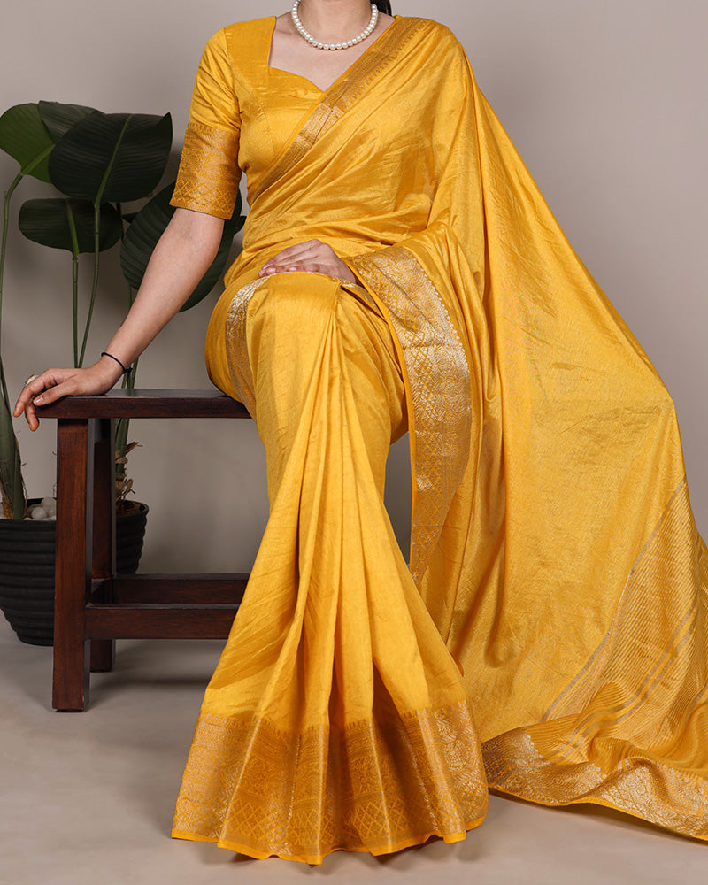 Yellow Color Nylon Dola Silk Zari Weaving Saree