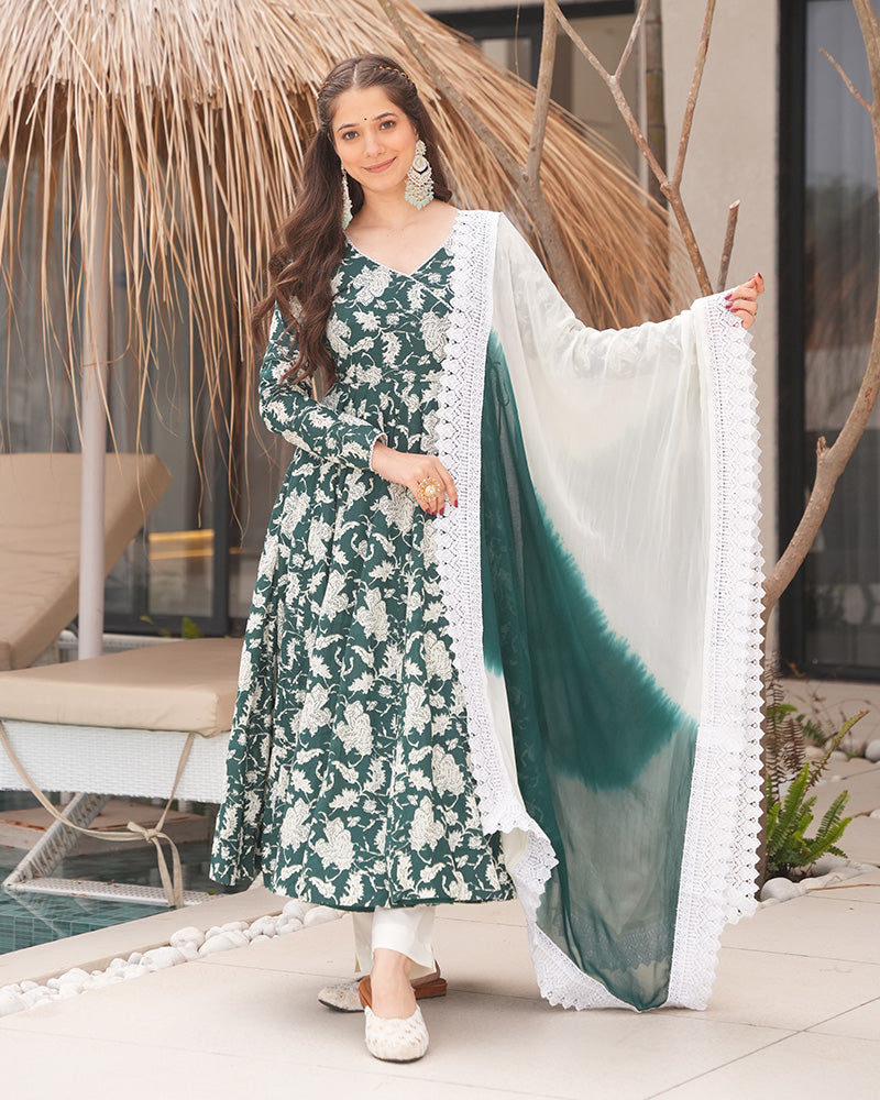 White And Green Color Floral Printed Cotton Anarkali Suit