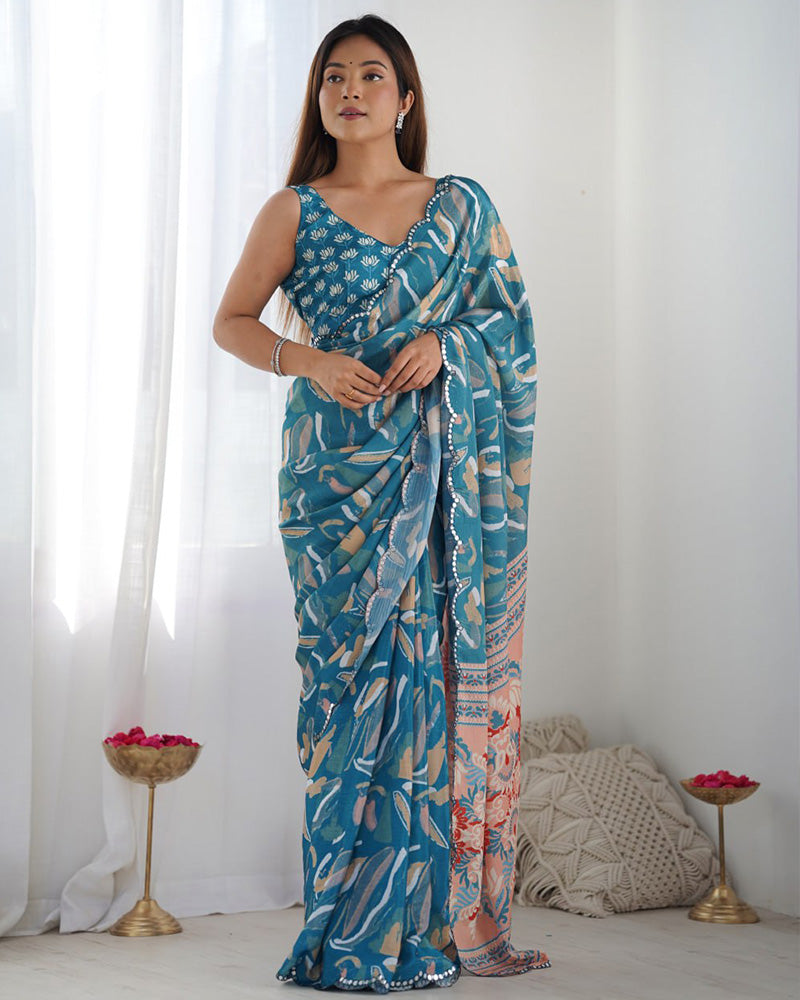 Firozi Color Chinnon Silk Saree