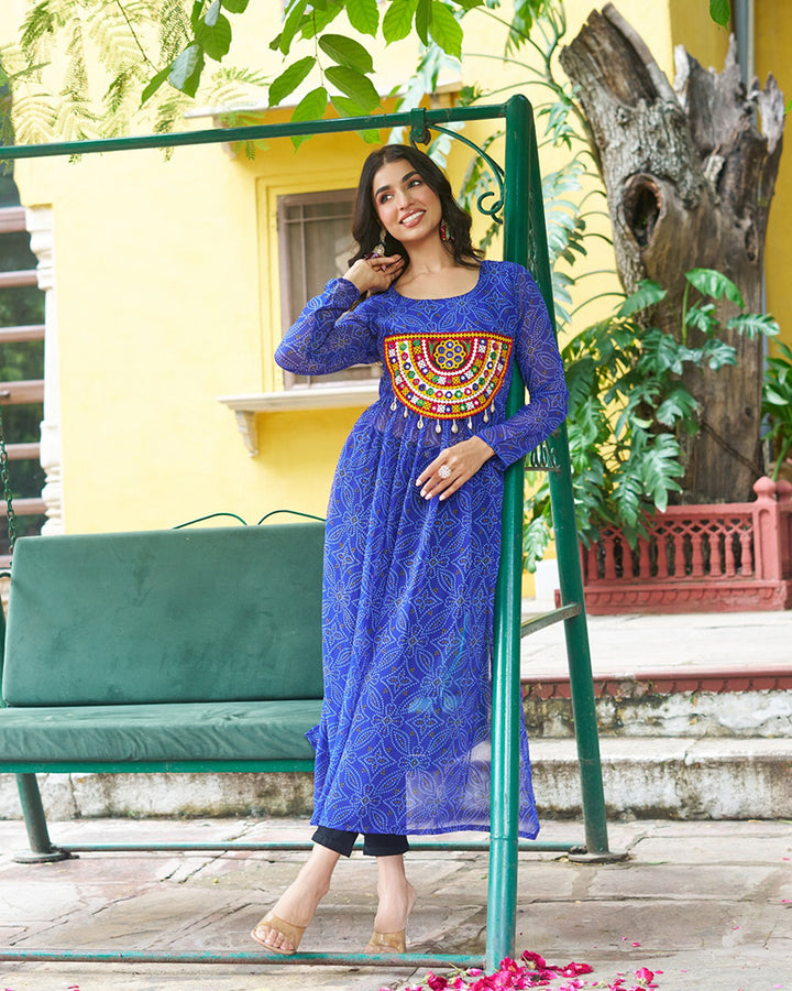 Festive blue Georgette Printed Kurti With Gamthi Patchwork
