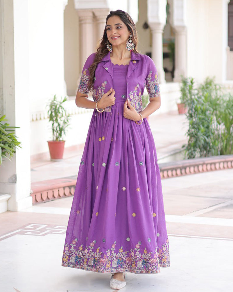 Purple Color Vichitra Silk Embroidered Gown