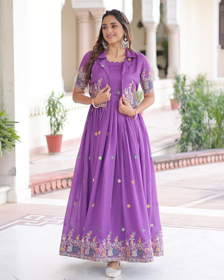 Purple Color Vichitra Silk Embroidered Gown