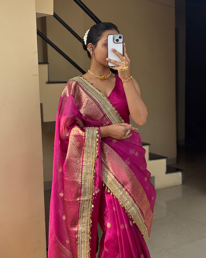 Rani Pink Color Banarasi Organza Tissue Silk Saree