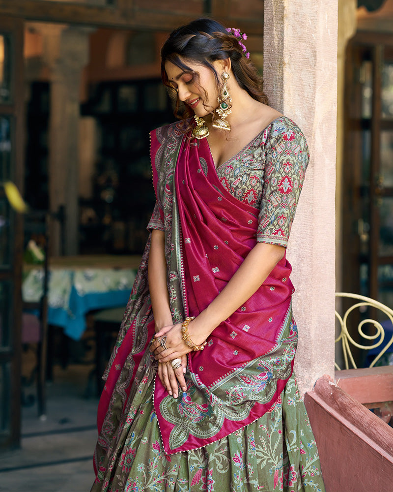 Bottle Green Color Tasar Silk Foil Printed Lehenga Choli