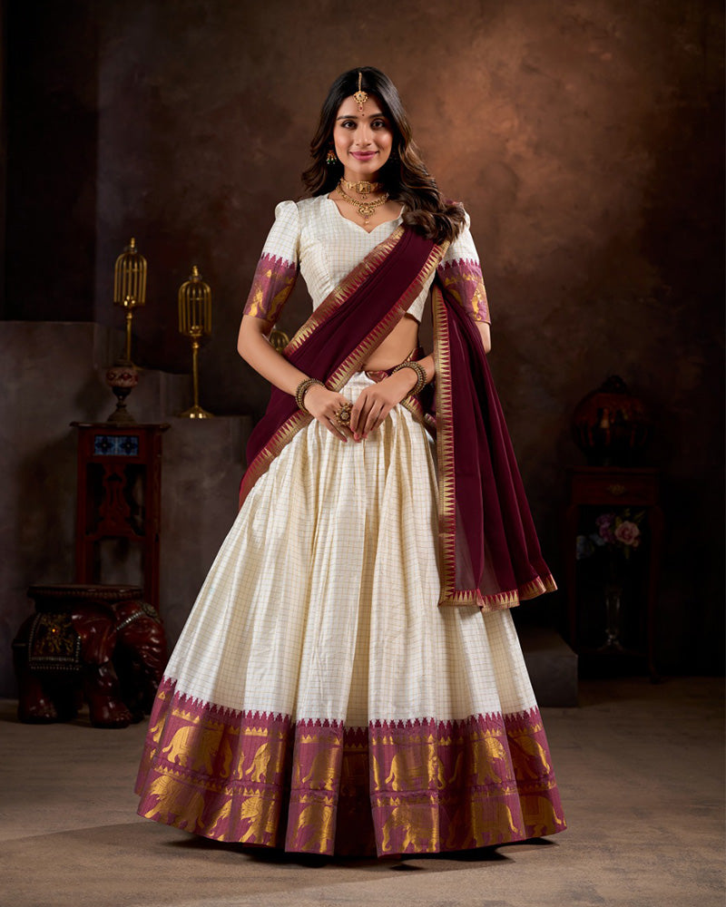 White And Maroon Color Poly Cotton Chex Onam Half Saree