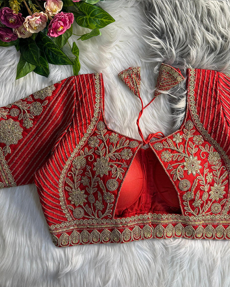 Red Color Italian Silk Embroidered Blouse