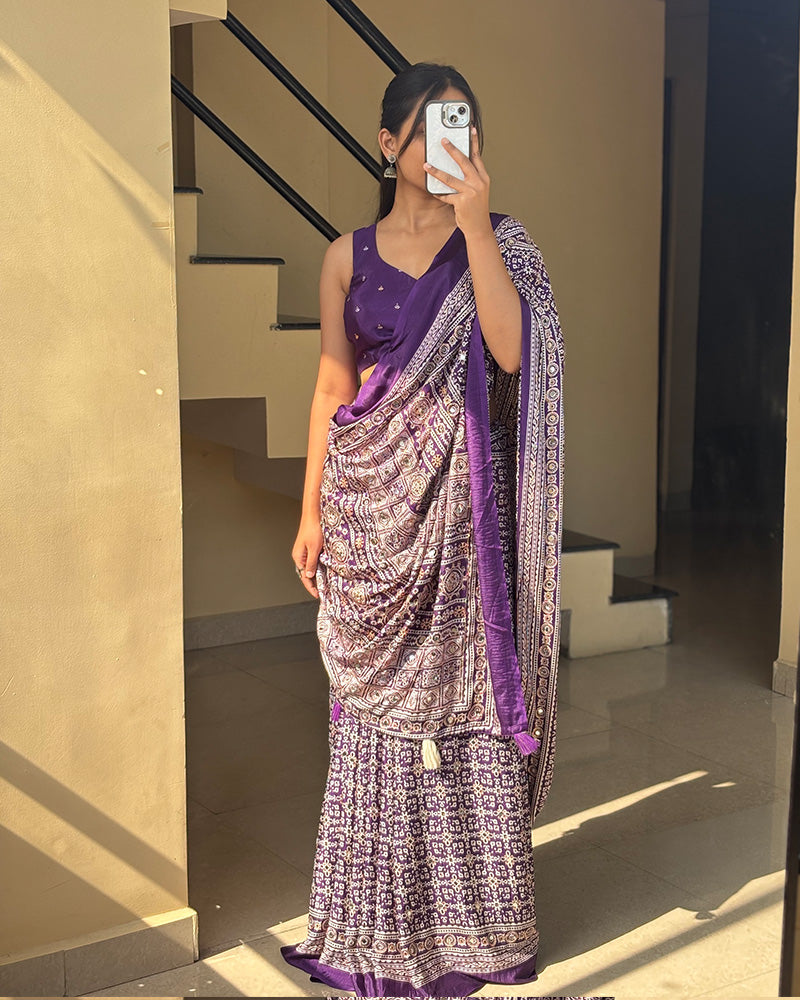 Purple Color Pure Crape Silk Ajarakh Print Saree