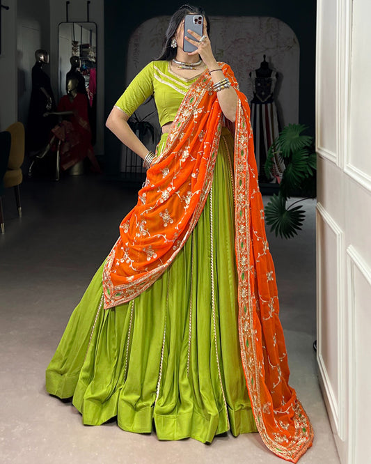 Traditional Parrot Green Color Pure Rayon Lehenga Choli