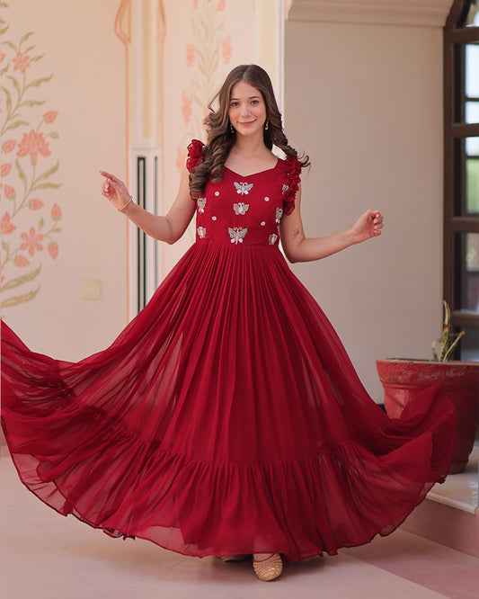 Red Color Faux Blooming Embroidered work Gown
