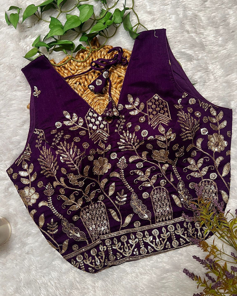 Purple Color Vichitra Silk Embroidered Blouse