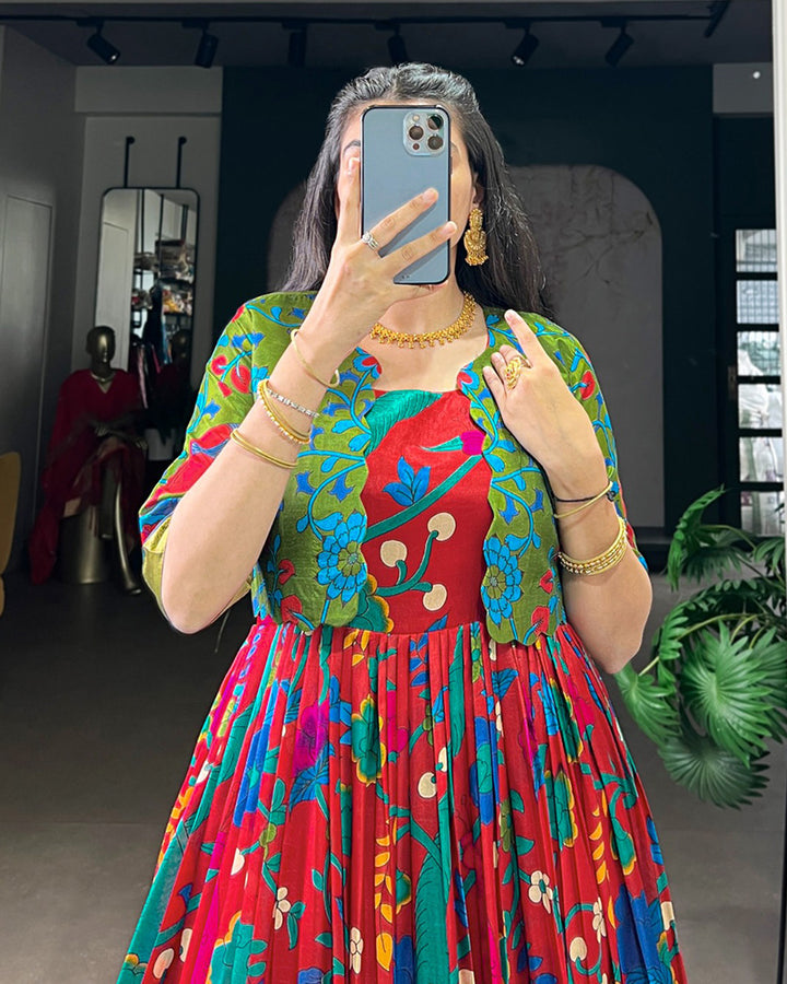 Maroon Color Tasar Silk Printed Gown With Koti