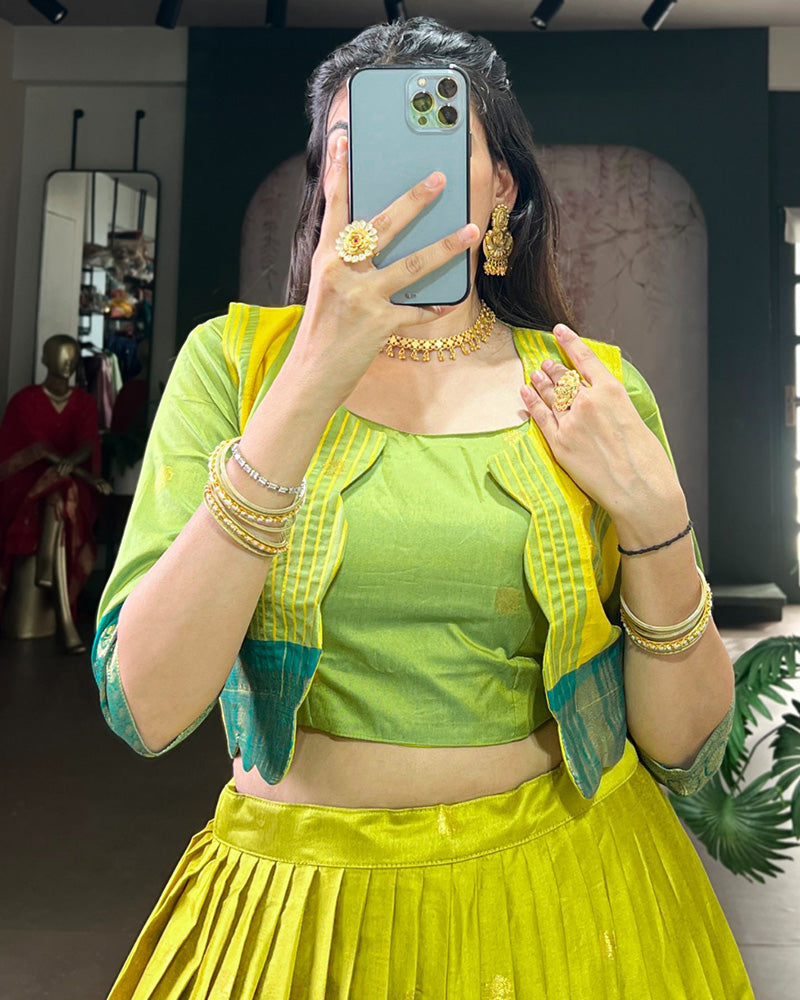 Parrot Green Color Poly Cotton Zari Weaving Lehenga Choli