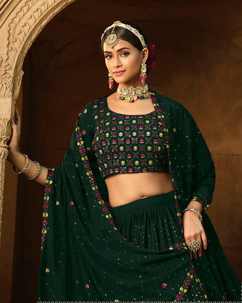 Designer Green Color Georgette Semi Stitched Lehenga Choli