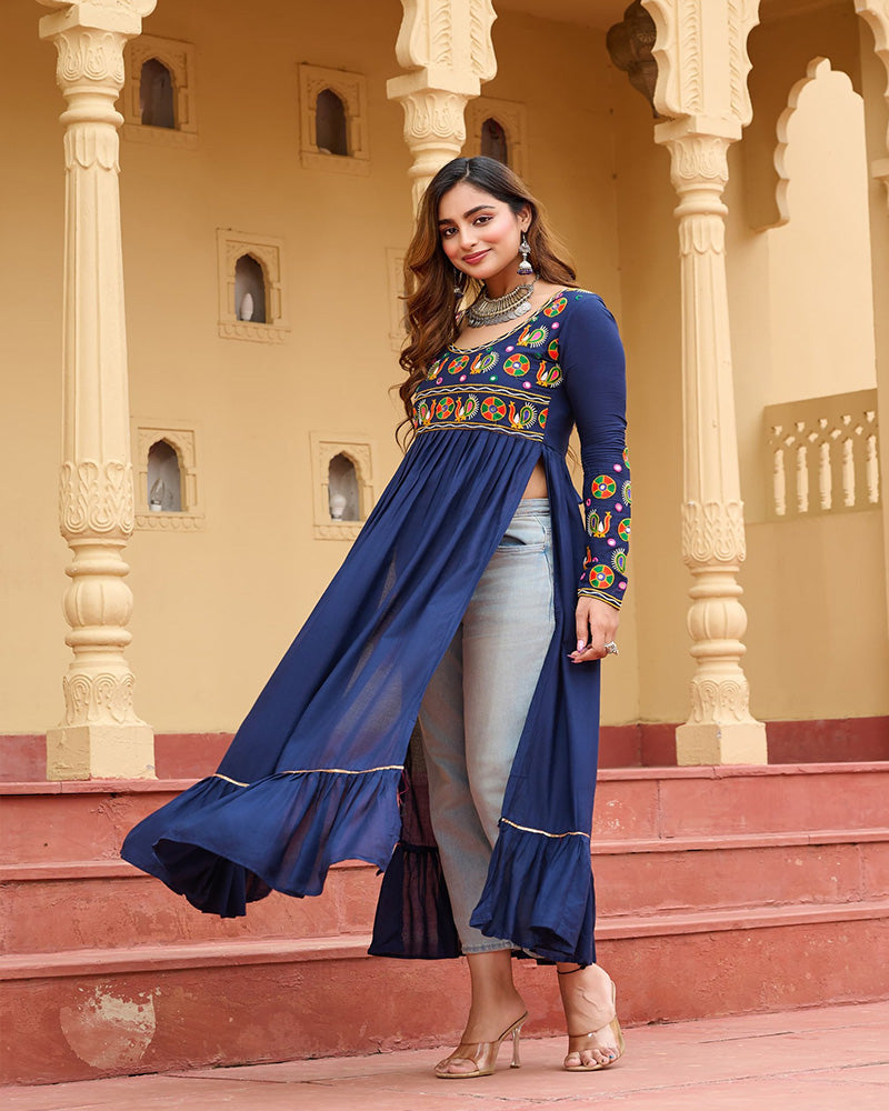 Traditional Blue Pure Rayon Embroidered Navratri Kurti