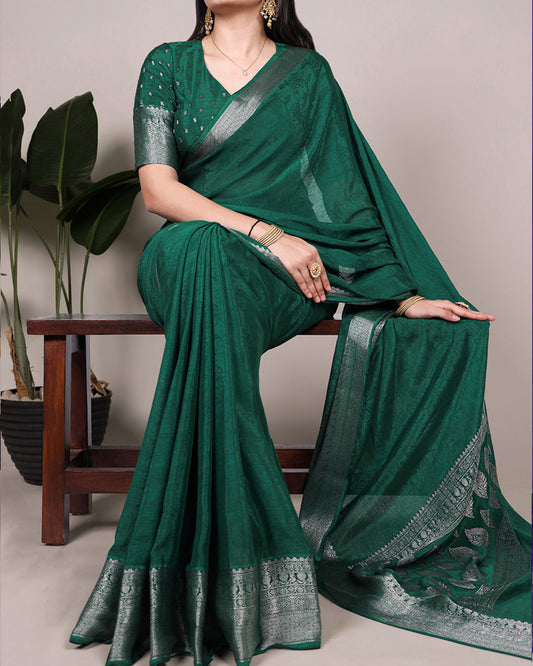 Green Color Chinon Self Printed Saree