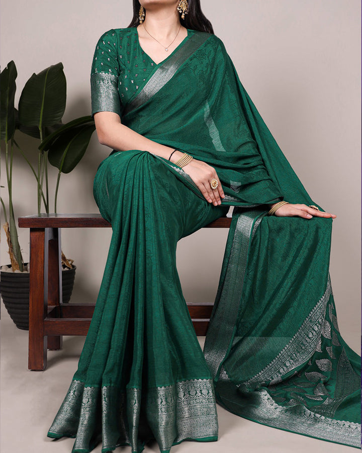 Green Color Chinon Self Printed Saree