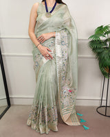 Sky Blue Color Embroidered Kota Tissue Saree