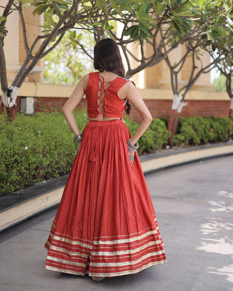 Six Color Rayon Mukesh-work With Patti Lace Navratri Lehenga Set
