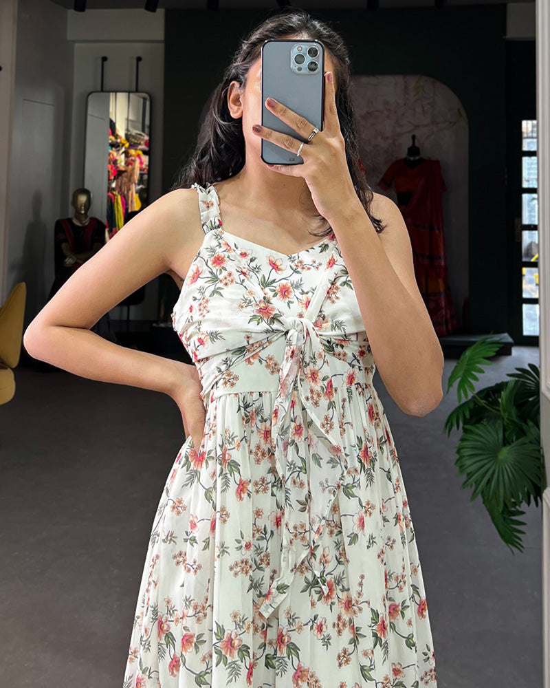 White Color Georgette Printed Long Kurti