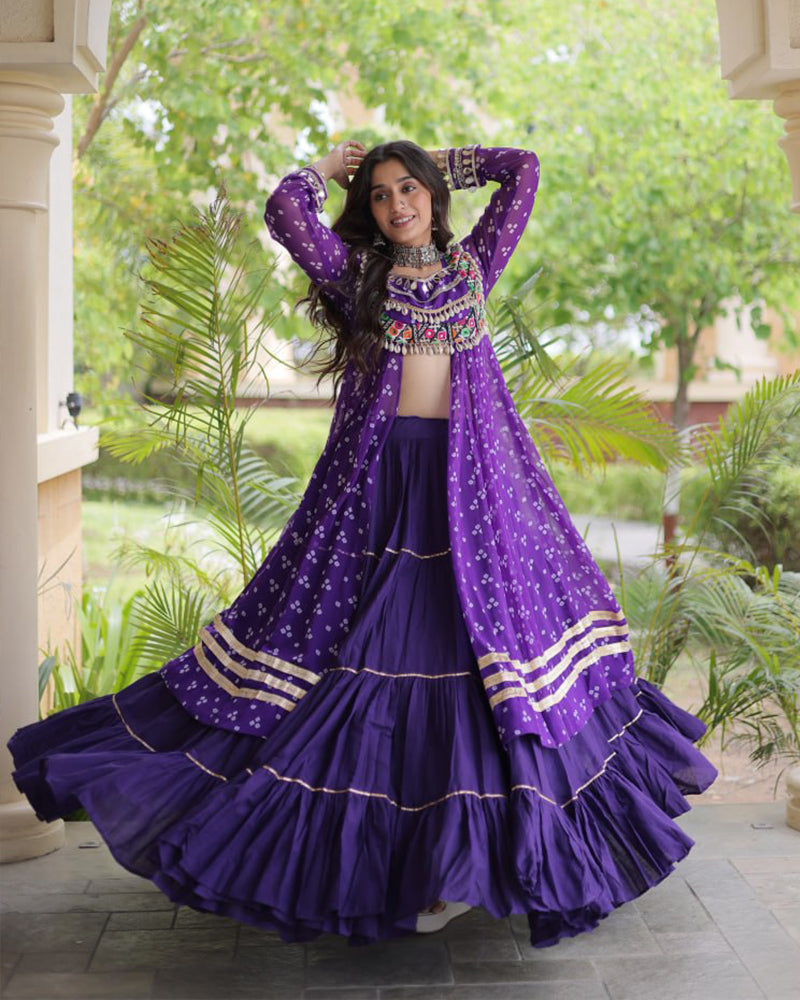 Purple Color Bandhani Printed Kurti With Kora Cotton Lehenga Choli