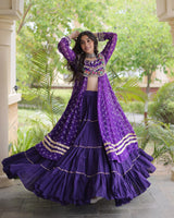 Purple Color Bandhani Printed Kurti With Kora Cotton Lehenga Choli