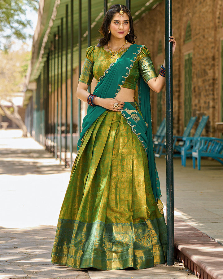 Parrot Green Color Kanjivaram Lehenga Choli