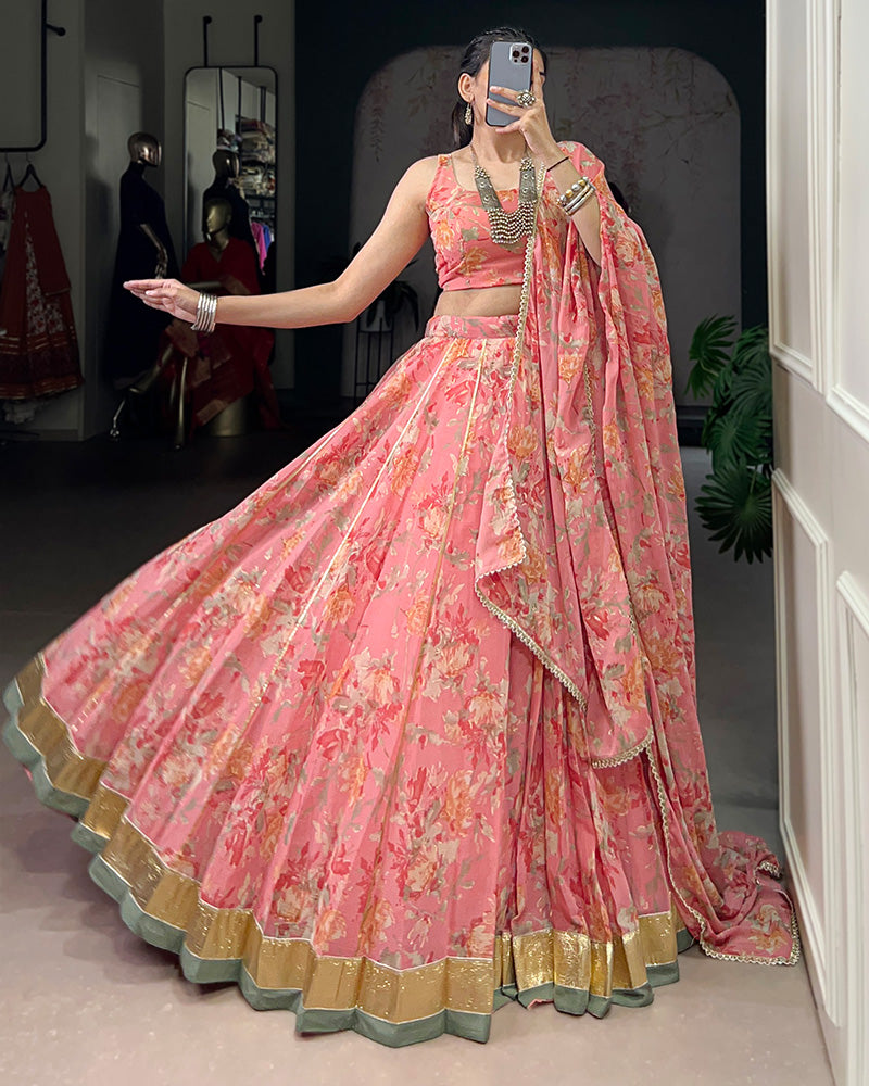 Peach Color Chiffon Printed Lehenga Choli