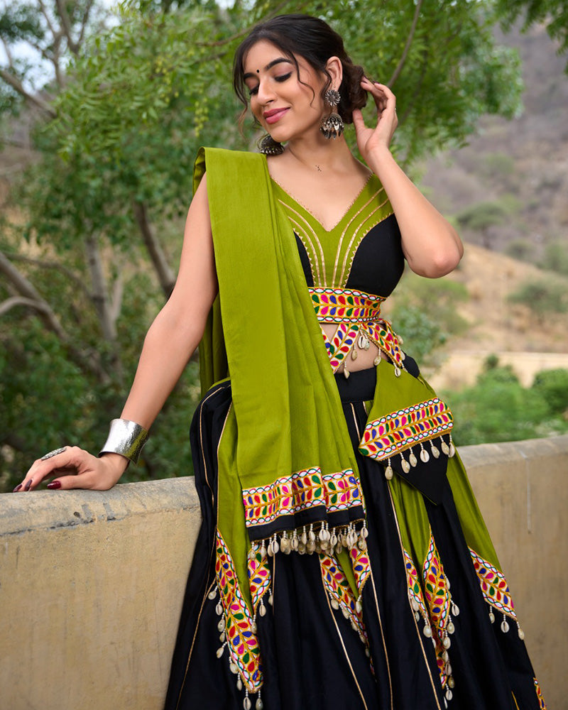 Parrot Green And Black Color Pure Cotton Navratri Lehenga Choli