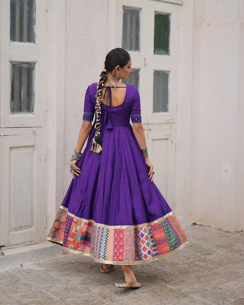 Colorful Border Purple Color Roman Silk Gamthi Work Navratri Gown