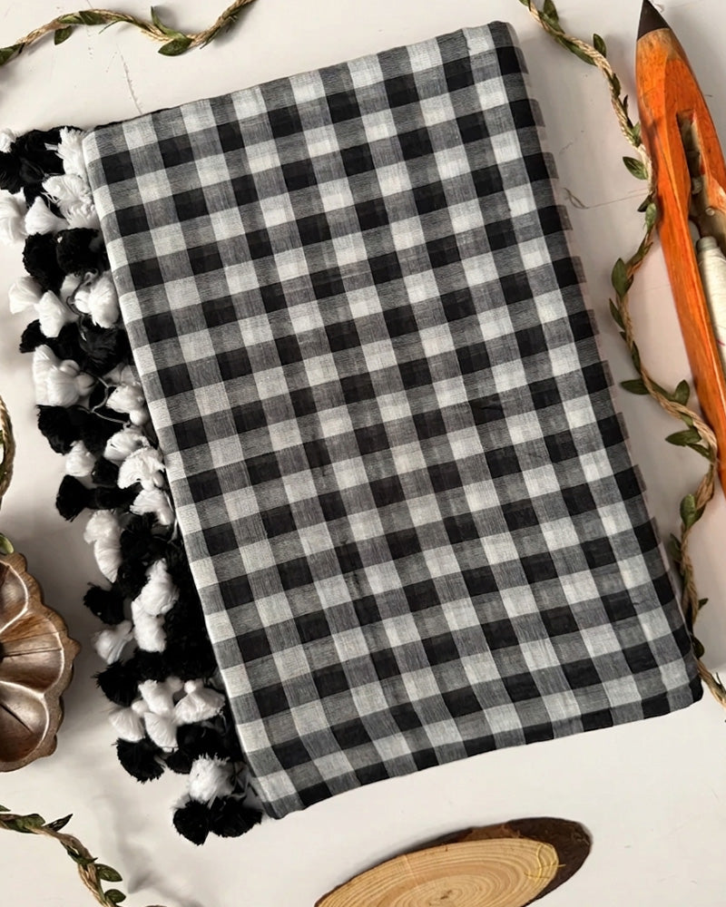 Black Color Pure Mal Cotton Chex Printed Saree