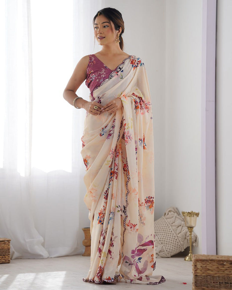 Cream Color Chinnon Silk Saree