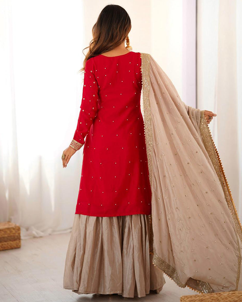 Red Color Chinon Silk Embroidered Sharara Suit